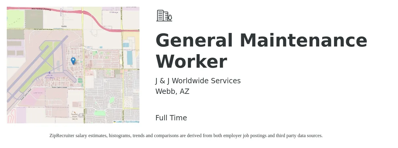 J & J Worldwide Services job posting for a General Maintenance Worker in Webb, AZ with a salary of $16 to $23 Hourly with a map of Webb location.
