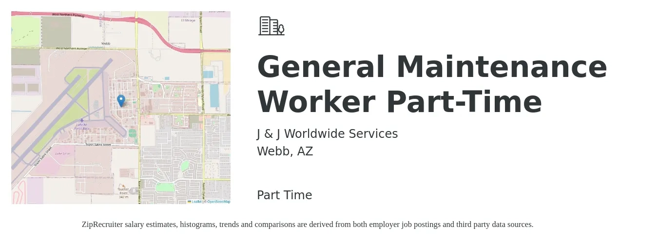 J & J Worldwide Services job posting for a General Maintenance Worker Part-Time in Webb, AZ with a salary of $16 to $23 Hourly with a map of Webb location.