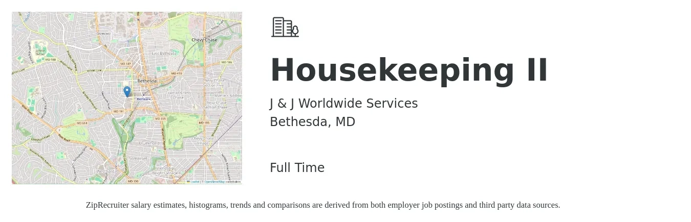 J & J Worldwide Services job posting for a Housekeeping II in Bethesda, MD with a salary of $15 to $19 Hourly with a map of Bethesda location.