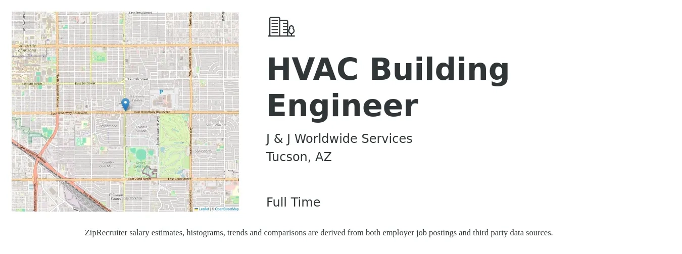 J & J Worldwide Services job posting for a HVAC Building Engineer in Tucson, AZ with a salary of $24 to $35 Hourly with a map of Tucson location.
