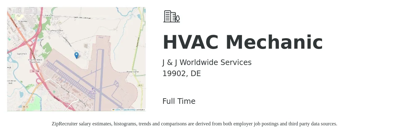 J & J Worldwide Services job posting for a HVAC Mechanic in 19902, DE with a salary of $23 to $32 Hourly with a map of 19902 location.