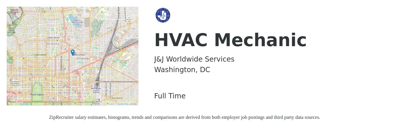 J & J Worldwide Services job posting for a HVAC Mechanic in Washington, DC with a salary of $28 to $38 Hourly with a map of Washington location.