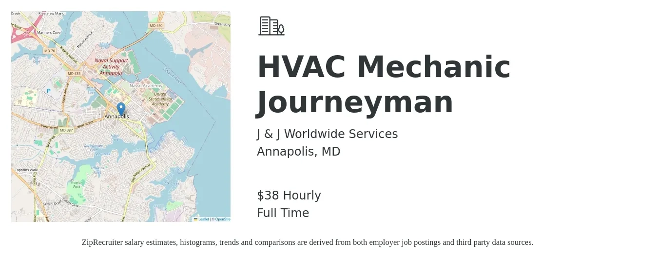 J & J Worldwide Services job posting for a HVAC Mechanic Journeyman in Annapolis, MD with a salary of $40 Hourly with a map of Annapolis location.