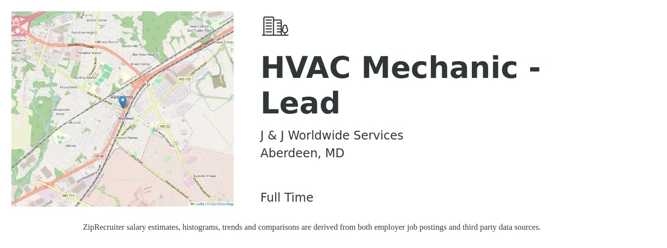 J & J Worldwide Services job posting for a HVAC Mechanic - Lead in Aberdeen, MD with a salary of $26 to $36 Hourly with a map of Aberdeen location.