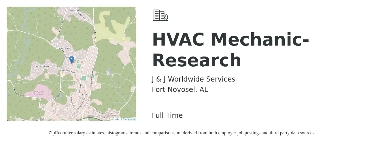 J & J Worldwide Services job posting for a HVAC Mechanic-Research in Fort Novosel, AL with a salary of $23 to $31 Hourly with a map of Fort Novosel location.