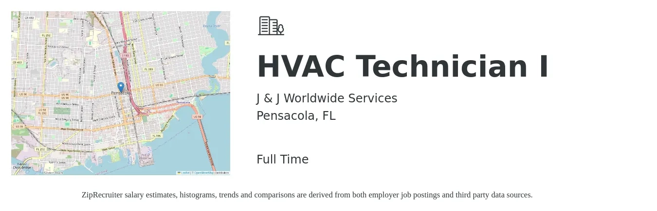 J & J Worldwide Services job posting for a HVAC Technician I in Pensacola, FL with a salary of $21 to $31 Hourly with a map of Pensacola location.