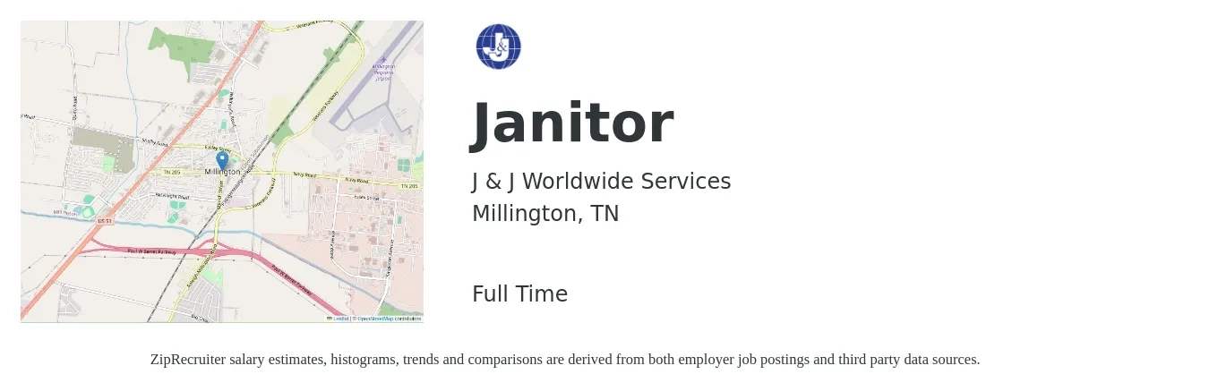 J & J Worldwide Services job posting for a Janitor in Millington, TN with a salary of $13 to $17 Hourly with a map of Millington location.