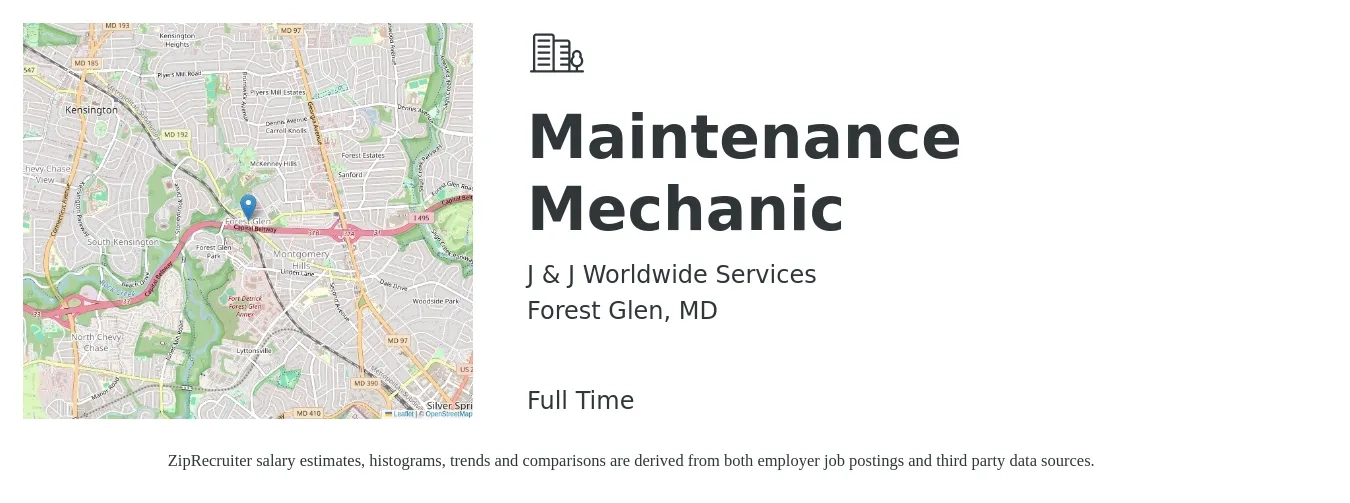 J & J Worldwide Services job posting for a Maintenance Mechanic in Forest Glen, MD with a salary of $26 to $34 Hourly with a map of Forest Glen location.