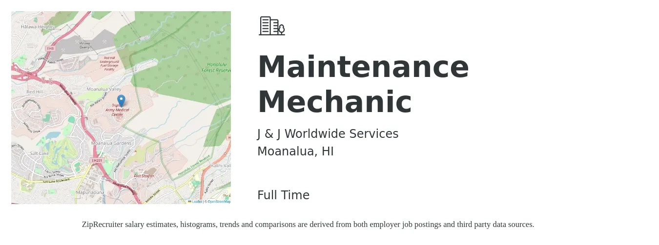 J & J Worldwide Services job posting for a Maintenance Mechanic in Moanalua, HI with a salary of $25 to $32 Hourly with a map of Moanalua location.