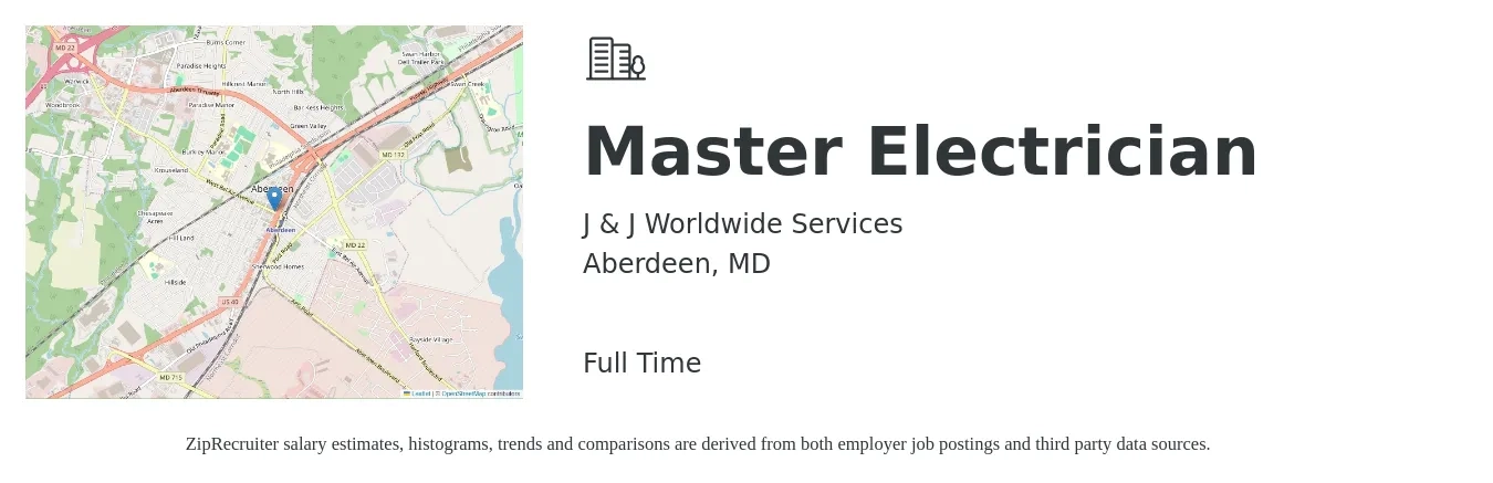 J & J Worldwide Services job posting for a Master Electrician in Aberdeen, MD with a salary of $32 to $48 Hourly with a map of Aberdeen location.