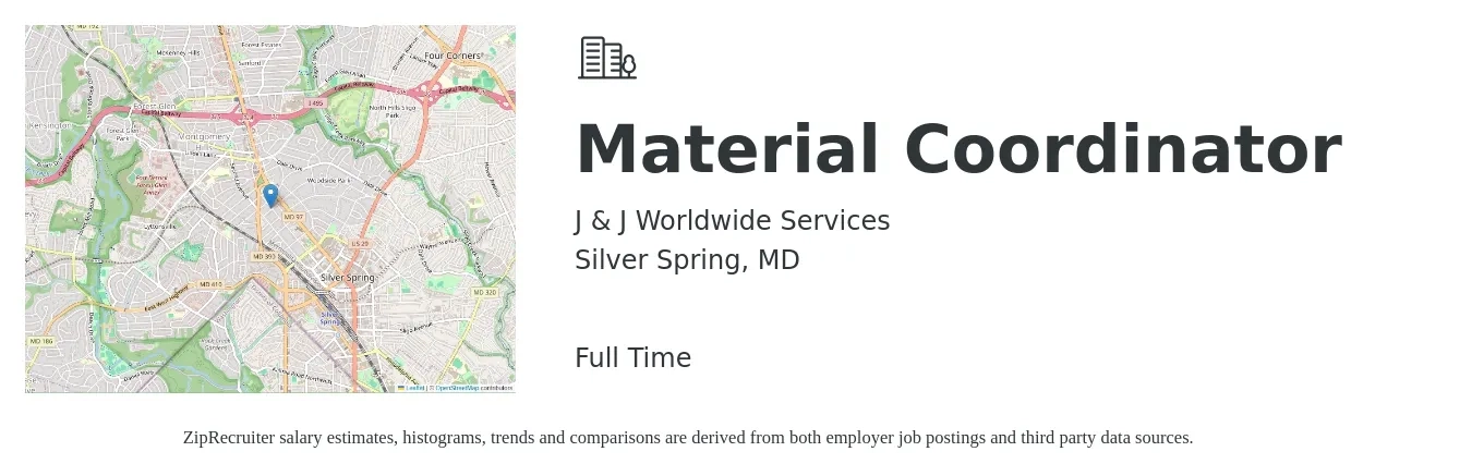 J & J Worldwide Services job posting for a Material Coordinator in Silver Spring, MD with a salary of $20 to $29 Hourly with a map of Silver Spring location.