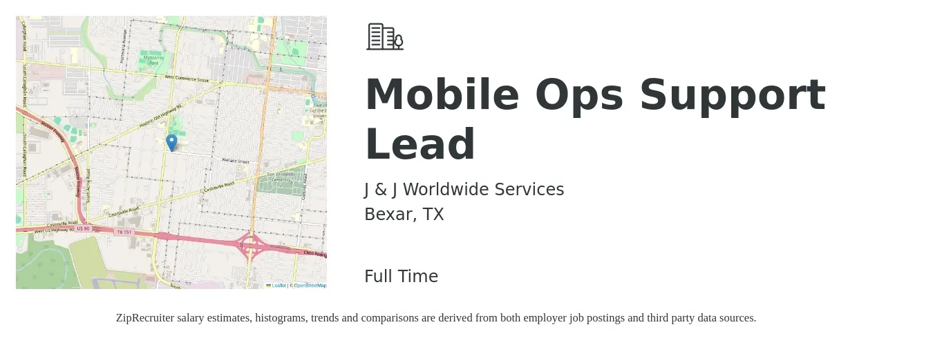 J & J Worldwide Services job posting for a Mobile Ops Support Lead in Bexar, TX with a salary of $17 to $33 Hourly with a map of Bexar location.
