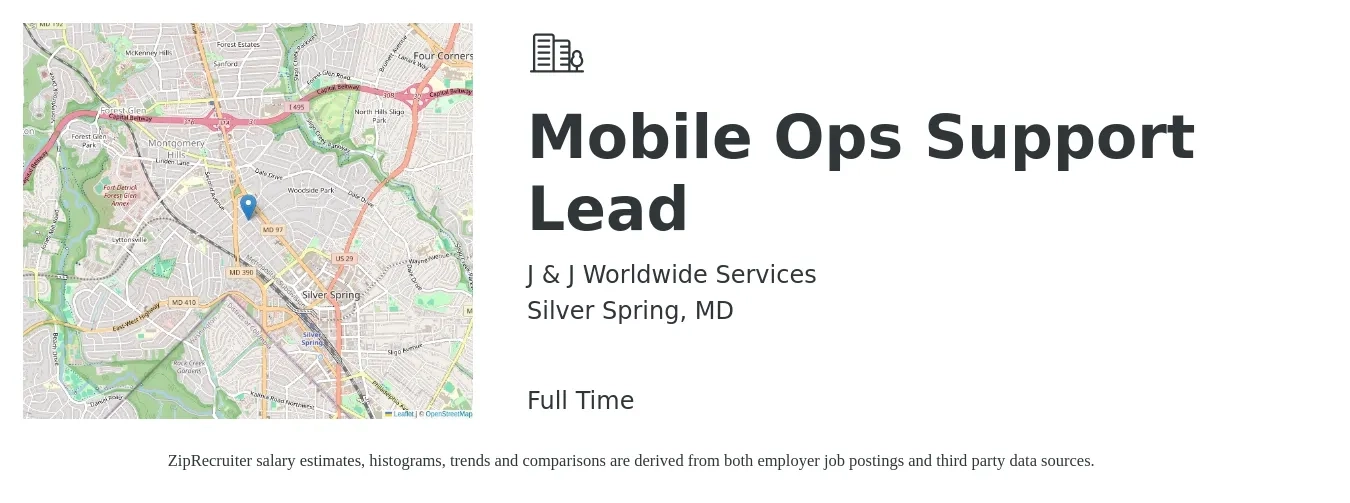 J & J Worldwide Services job posting for a Mobile Ops Support Lead in Silver Spring, MD with a salary of $20 to $37 Hourly with a map of Silver Spring location.