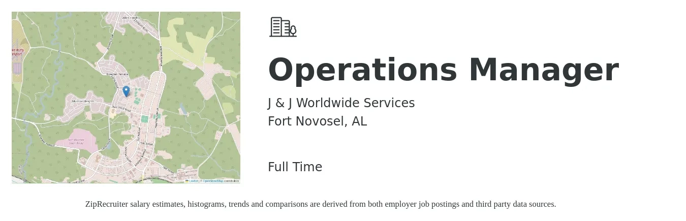 J & J Worldwide Services job posting for a Operations Manager in Fort Novosel, AL with a salary of $38,500 to $72,800 Yearly with a map of Fort Novosel location.