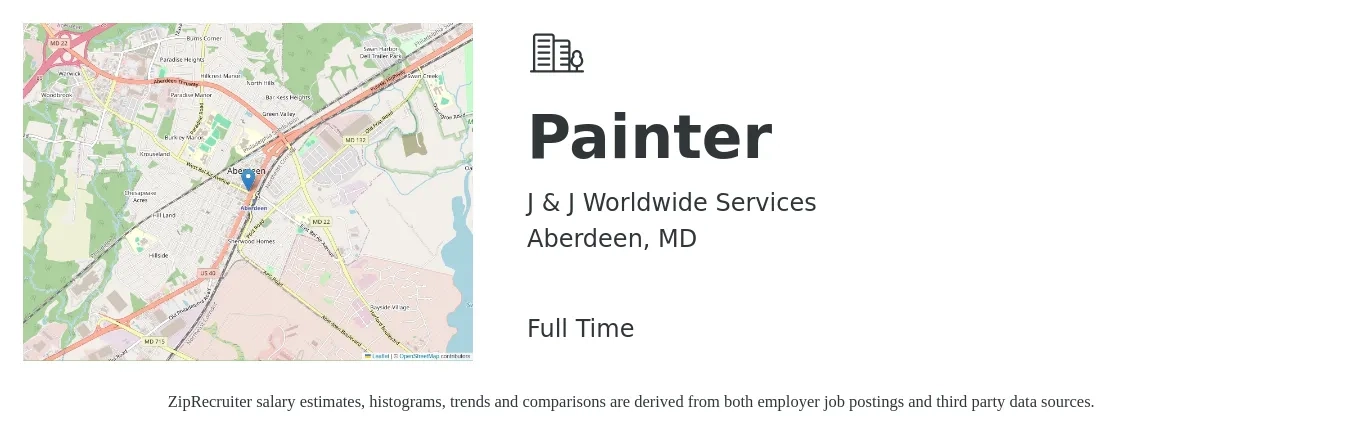 J & J Worldwide Services job posting for a Painter in Aberdeen, MD with a salary of $20 to $26 Hourly with a map of Aberdeen location.