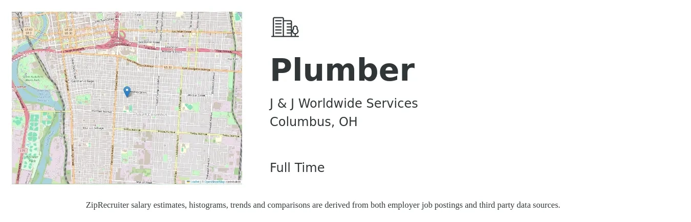 J & J Worldwide Services job posting for a Plumber in Columbus, OH with a salary of $24 to $35 Hourly with a map of Columbus location.