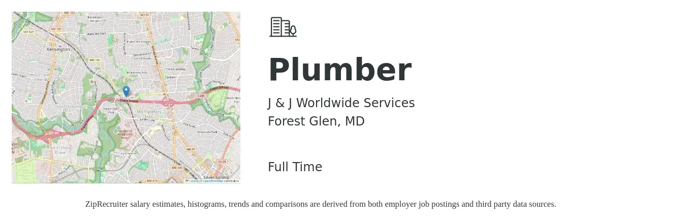 J & J Worldwide Services job posting for a Plumber in Forest Glen, MD with a salary of $26 to $38 Hourly with a map of Forest Glen location.
