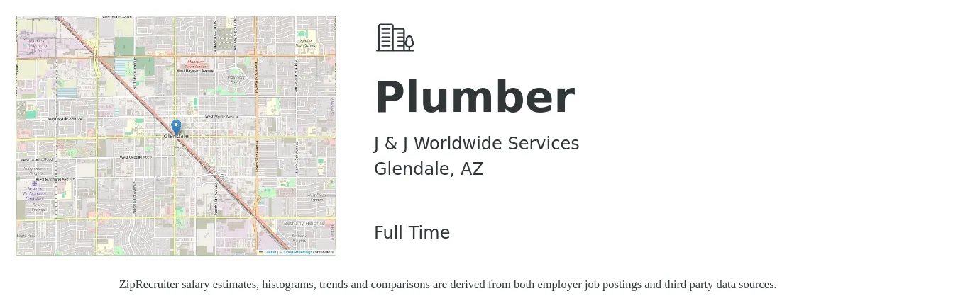 J & J Worldwide Services job posting for a Plumber in Glendale, AZ with a salary of $24 to $36 Hourly with a map of Glendale location.