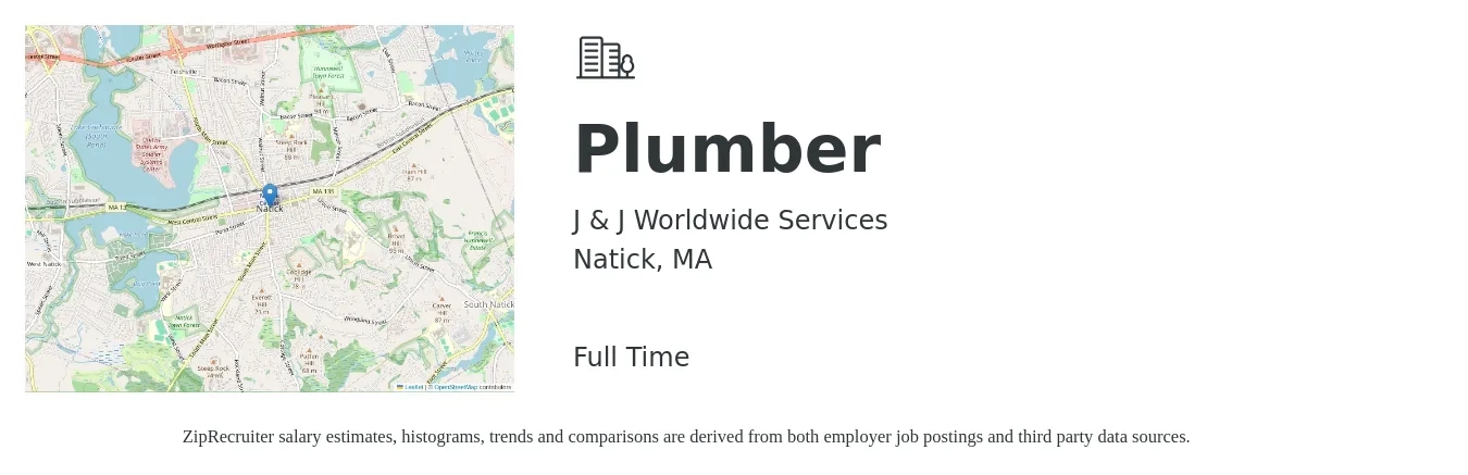 J & J Worldwide Services job posting for a Plumber in Natick, MA with a salary of $26 to $38 Hourly with a map of Natick location.