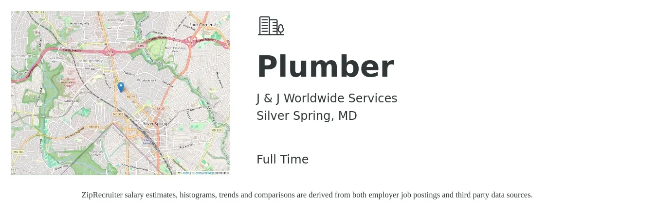J & J Worldwide Services job posting for a Plumber in Silver Spring, MD with a salary of $26 to $38 Hourly with a map of Silver Spring location.