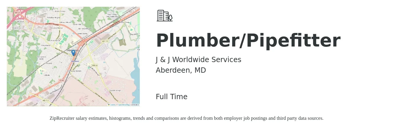 J & J Worldwide Services job posting for a Plumber/Pipefitter in Aberdeen, MD with a salary of $26 to $39 Hourly with a map of Aberdeen location.