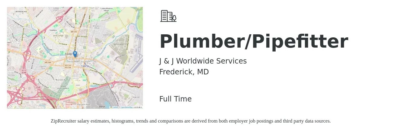 J & J Worldwide Services job posting for a Plumber/Pipefitter in Frederick, MD with a salary of $24 to $36 Hourly with a map of Frederick location.