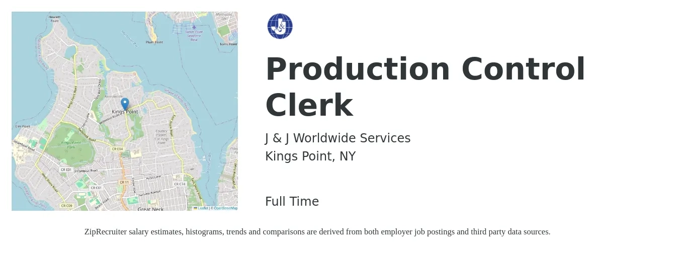 J & J Worldwide Services job posting for a Production Control Clerk in Kings Point, NY with a salary of $13 to $20 Hourly with a map of Kings Point location.
