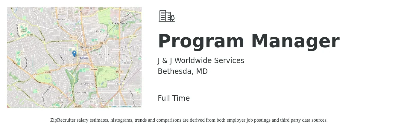 J & J Worldwide Services job posting for a Program Manager in Bethesda, MD with a salary of $85,100 to $141,800 Yearly with a map of Bethesda location.