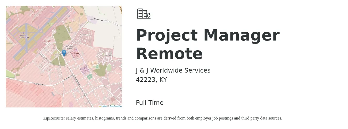 J & J Worldwide Services job posting for a Project Manager Remote in 42223, KY with a salary of $74,300 to $116,400 Yearly with a map of 42223 location.