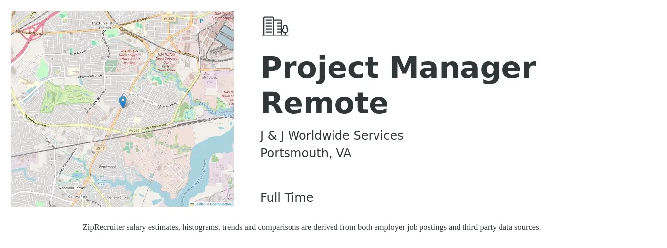 J & J Worldwide Services job posting for a Project Manager Remote in Portsmouth, VA with a salary of $76,000 to $119,100 Yearly with a map of Portsmouth location.