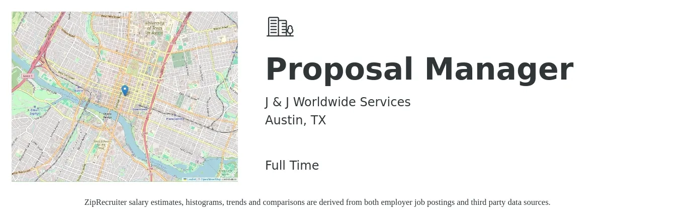 J & J Worldwide Services job posting for a Proposal Manager in Austin, TX with a salary of $79,800 to $117,000 Yearly with a map of Austin location.