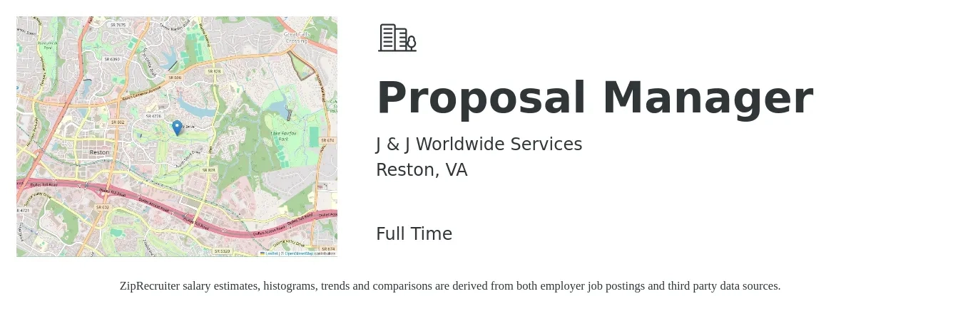 J & J Worldwide Services job posting for a Proposal Manager in Reston, VA with a salary of $83,900 to $123,000 Yearly with a map of Reston location.