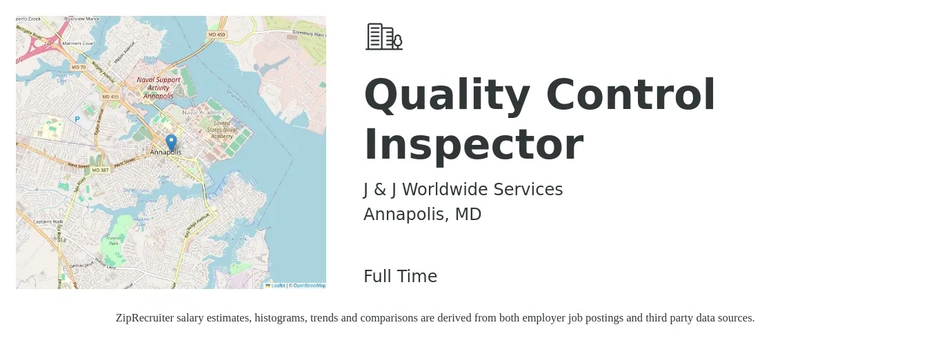 J & J Worldwide Services job posting for a Quality Control Inspector in Annapolis, MD with a salary of $18 to $25 Hourly with a map of Annapolis location.