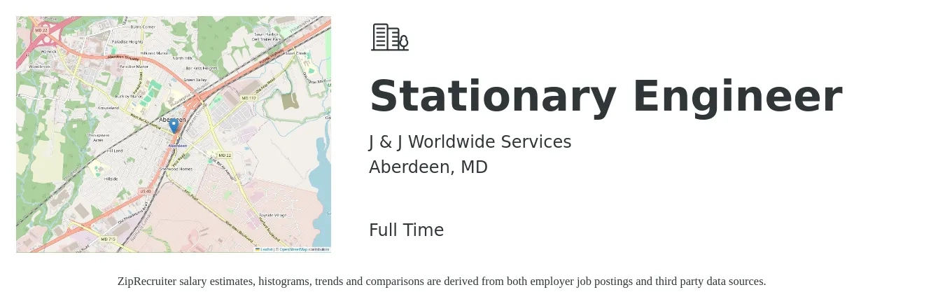 J & J Worldwide Services job posting for a Stationary Engineer in Aberdeen, MD with a salary of $32 to $50 Hourly with a map of Aberdeen location.