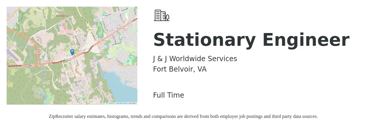 J & J Worldwide Services job posting for a Stationary Engineer in Fort Belvoir, VA with a salary of $34 to $52 Hourly with a map of Fort Belvoir location.