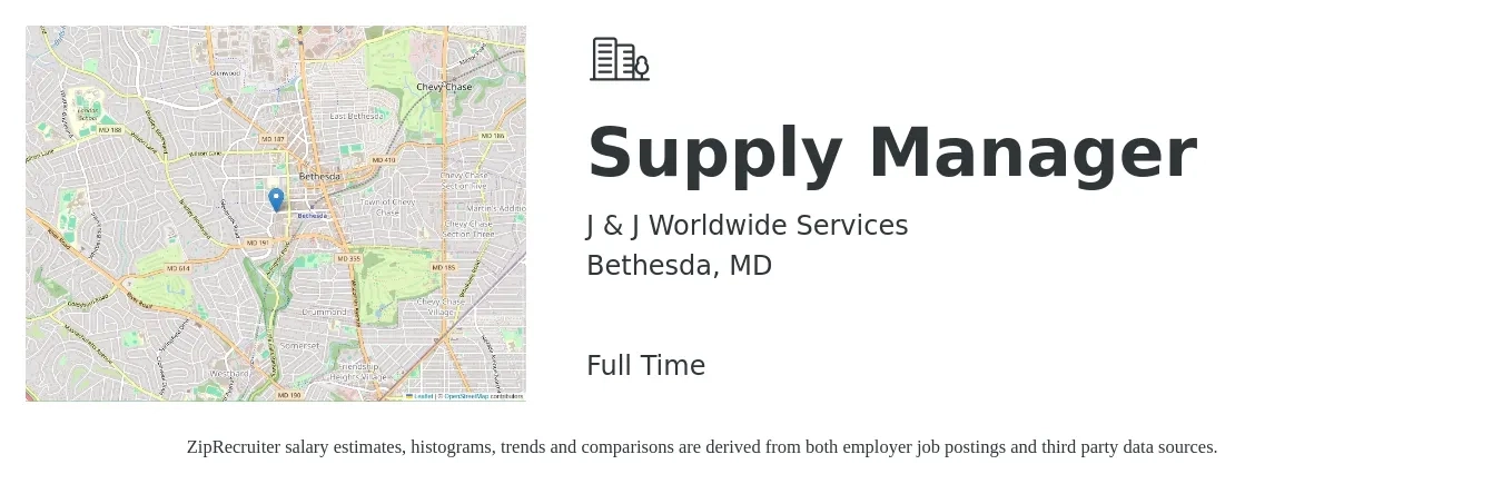 J & J Worldwide Services job posting for a Supply Manager in Bethesda, MD with a salary of $63,000 to $105,200 Yearly with a map of Bethesda location.