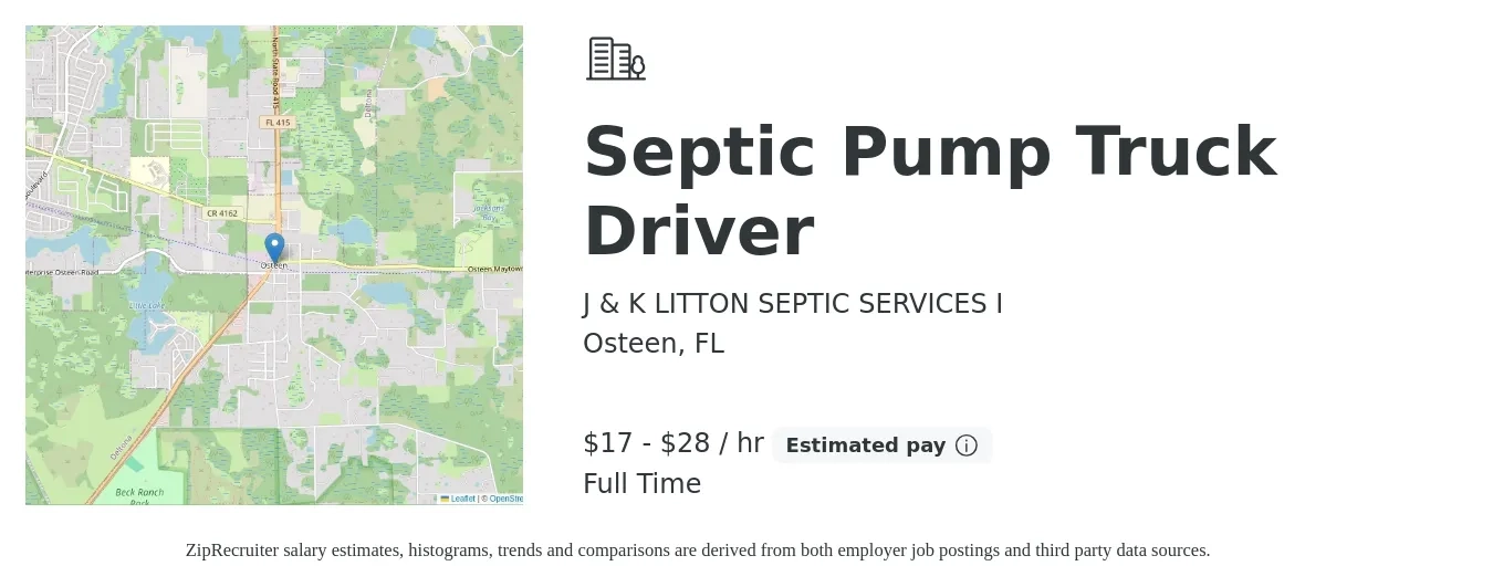 J & K LITTON SEPTIC SERVICES I job posting for a Septic Pump Truck Driver in Osteen, FL with a salary of $18 to $30 Hourly with a map of Osteen location.