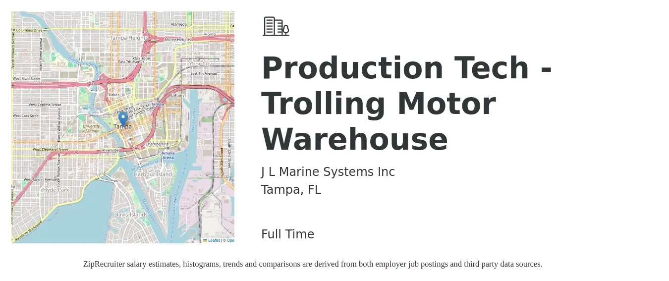 J L Marine Systems Inc job posting for a Production Tech - Trolling Motor Warehouse in Tampa, FL with a salary of $16 to $20 Hourly with a map of Tampa location.