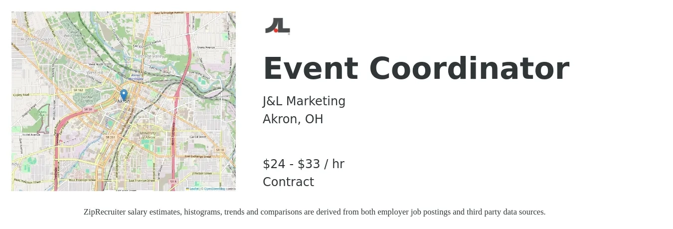J&L Marketing job posting for a Event Coordinator in Akron, OH with a salary of $25 to $35 Hourly with a map of Akron location.