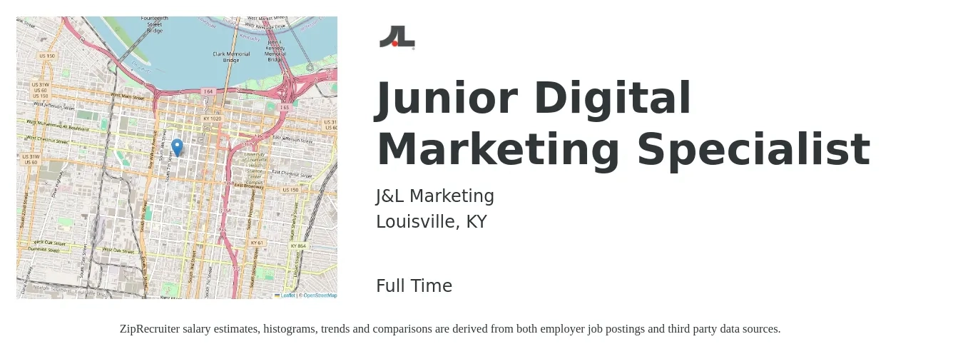 J&L Marketing job posting for a Junior Digital Marketing Specialist in Louisville, KY with a salary of $45,800 to $68,200 Yearly with a map of Louisville location.