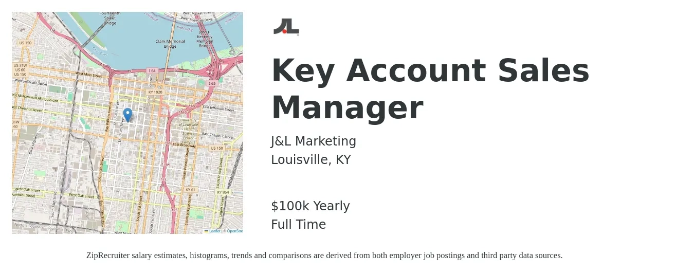 J&L Marketing job posting for a Key Account Sales Manager in Louisville, KY with a salary of $100,000 Yearly with a map of Louisville location.