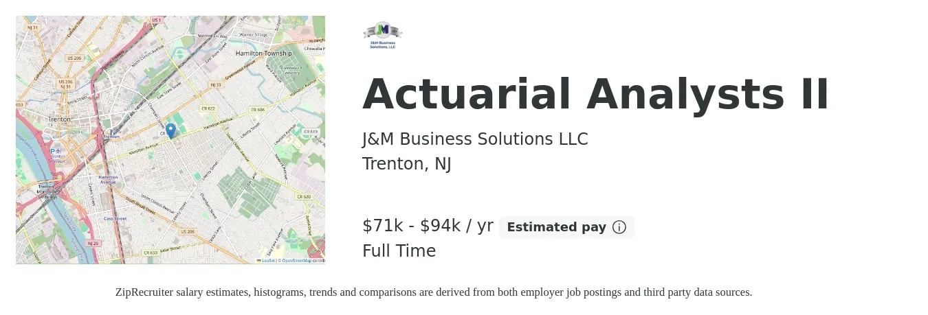 J&M Business Solutions LLC job posting for a Actuarial Analysts II in Trenton, NJ with a salary of $71,700 to $109,800 Yearly with a map of Trenton location.