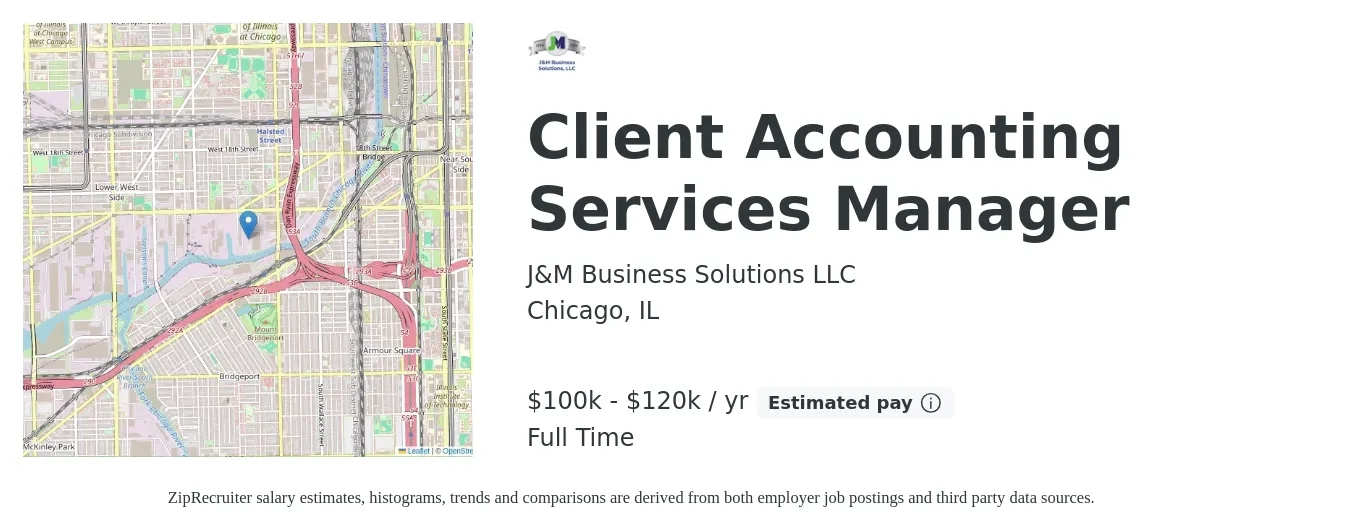 J&M Business Solutions LLC job posting for a Client Accounting Services Manager in Chicago, IL with a salary of $80,400 to $115,400 Yearly with a map of Chicago location.