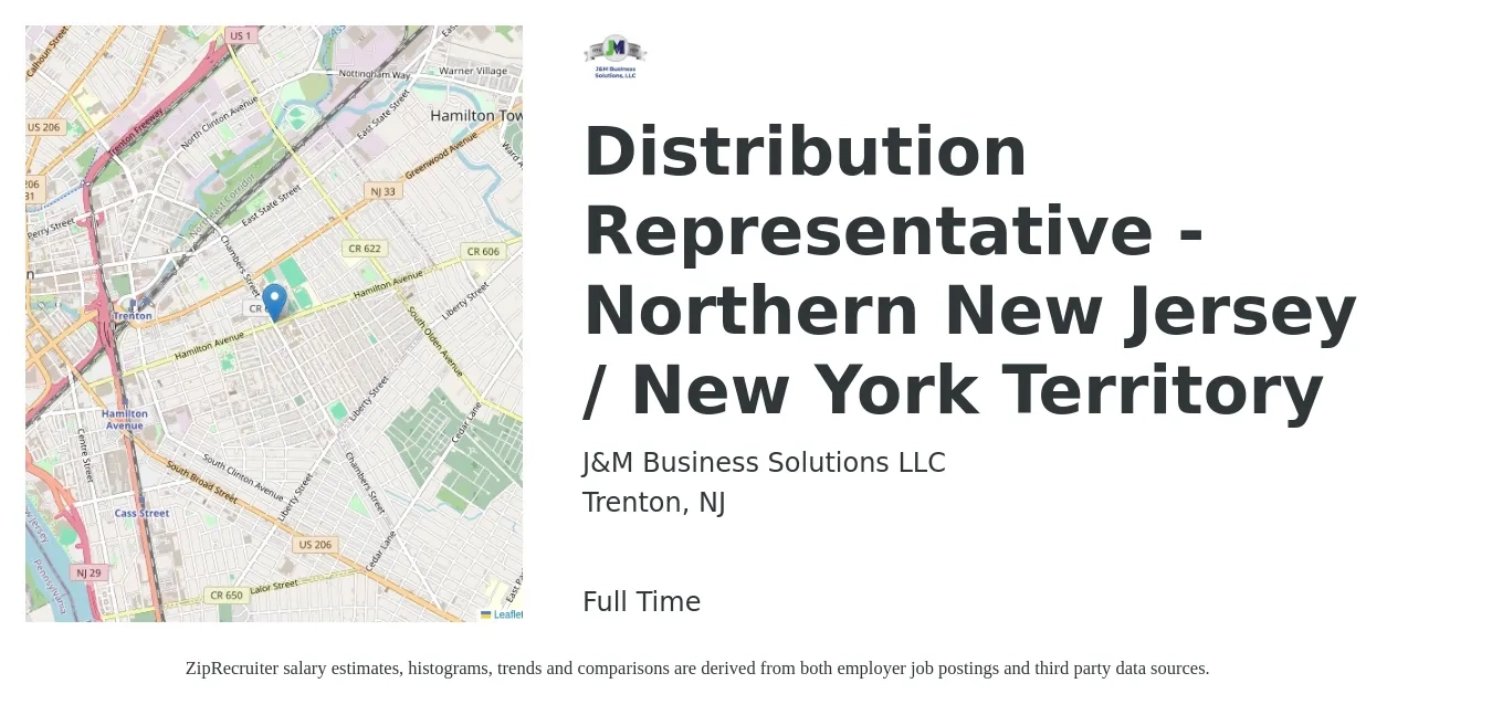 J&M Business Solutions LLC job posting for a Distribution Representative - Northern New Jersey / New York Territory in Trenton, NJ with a salary of $49,100 to $77,200 Yearly with a map of Trenton location.