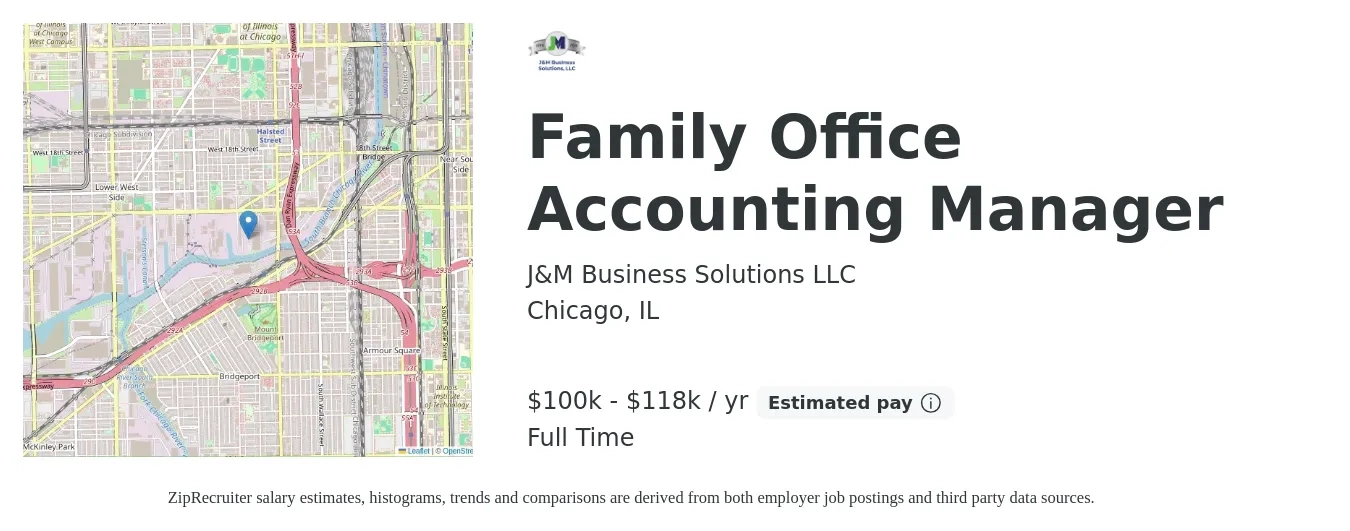 J&M Business Solutions LLC job posting for a Family Office Accounting Manager in Chicago, IL with a salary of $51,500 to $72,100 Yearly with a map of Chicago location.
