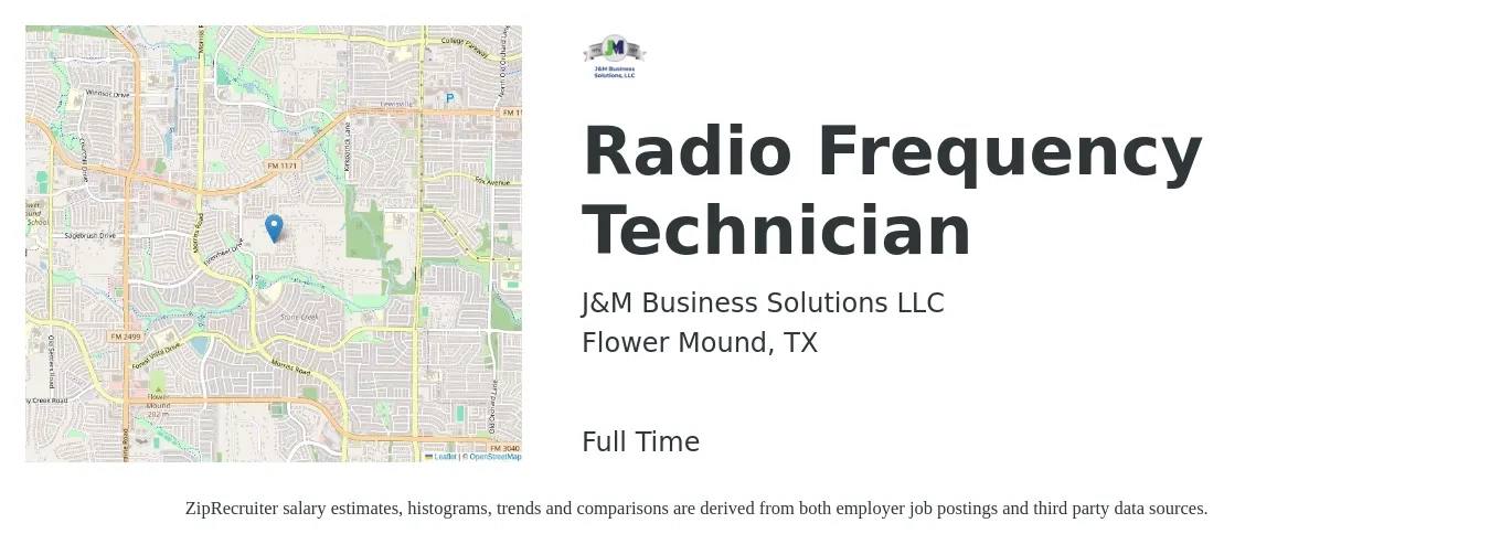 J&M Business Solutions LLC job posting for a Radio Frequency Technician in Flower Mound, TX with a salary of $20 to $30 Hourly with a map of Flower Mound location.