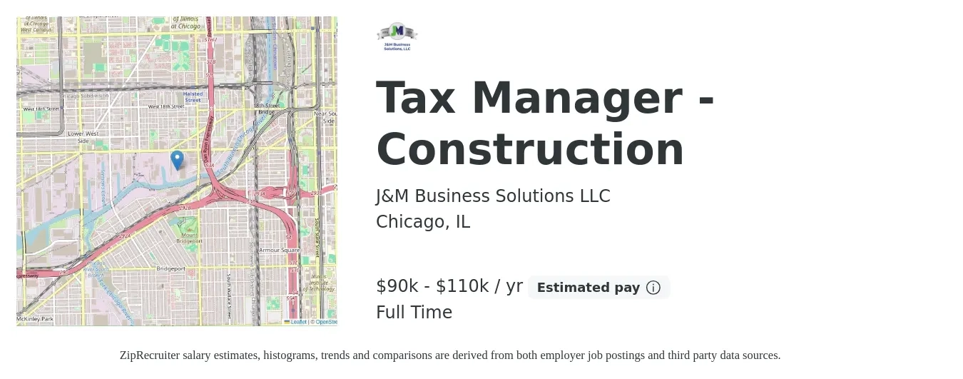 J&M Business Solutions LLC job posting for a Tax Manager - Construction in Chicago, IL with a salary of $114,300 to $149,900 Yearly with a map of Chicago location.
