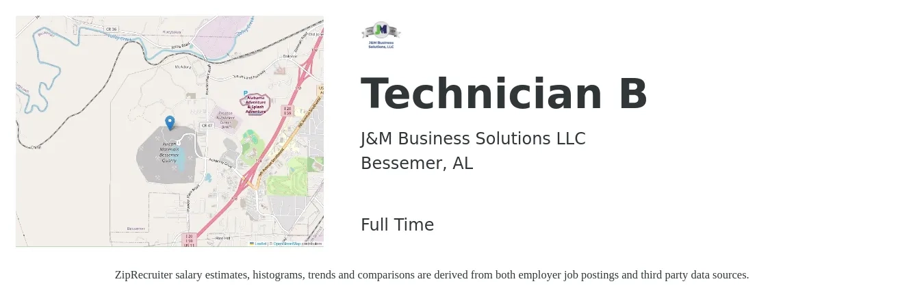 J&M Business Solutions LLC job posting for a Technician B in Bessemer, AL with a salary of $19 to $27 Hourly with a map of Bessemer location.