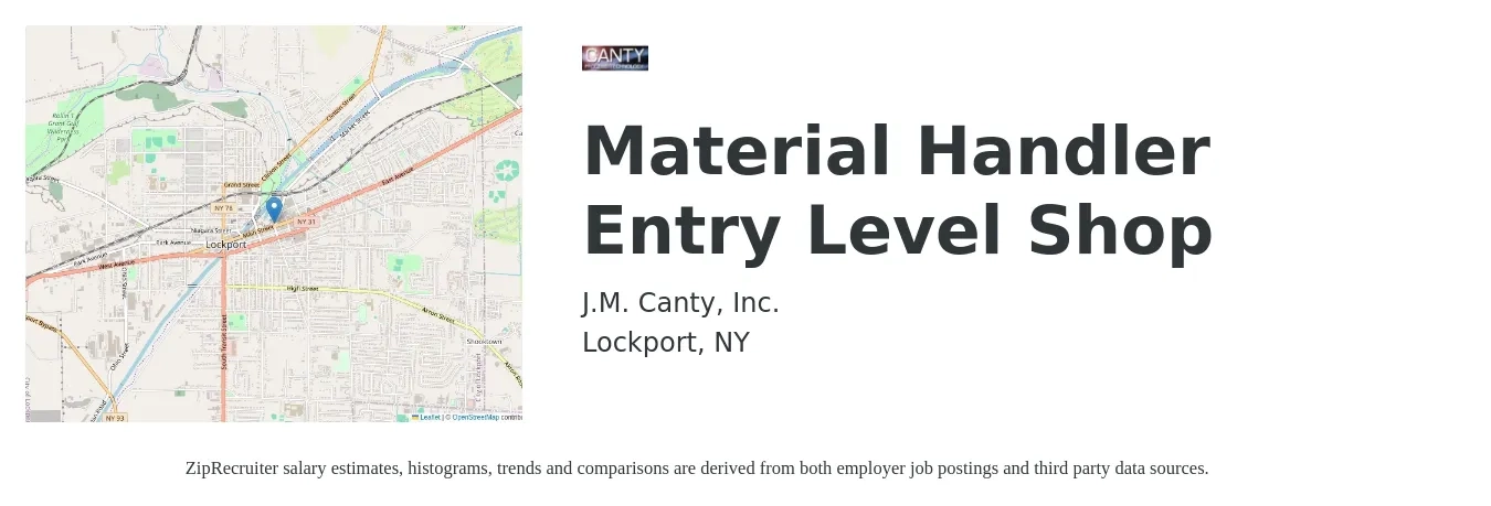 J.M. Canty, Inc. job posting for a Material Handler Entry Level Shop in Lockport, NY with a salary of $18 to $20 Hourly with a map of Lockport location.