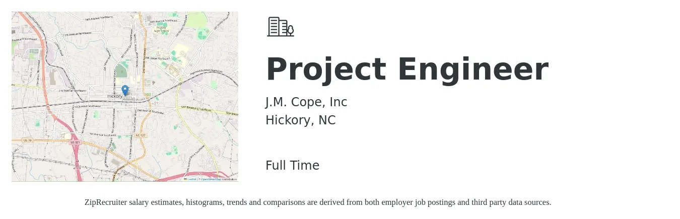 J.M. Cope, Inc job posting for a Project Engineer in Hickory, NC with a salary of $66,300 to $92,700 Yearly with a map of Hickory location.